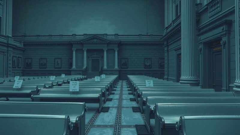 Политическая сцена, несущая напряжение, со скучающими людьми и произносящими лозунги на фоне правительственного здания.
