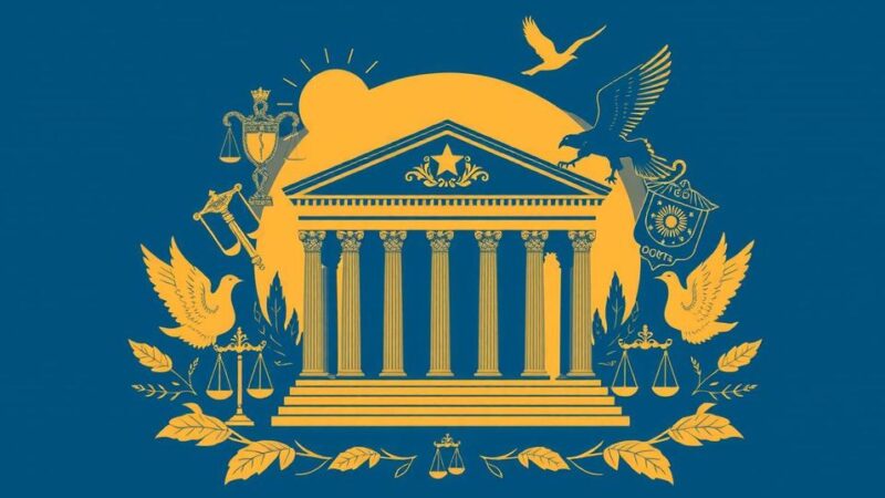 Силуэт здания суда, окруженный знаками правосудия, символизирующий судебные разбирательства и правовые вопросы.