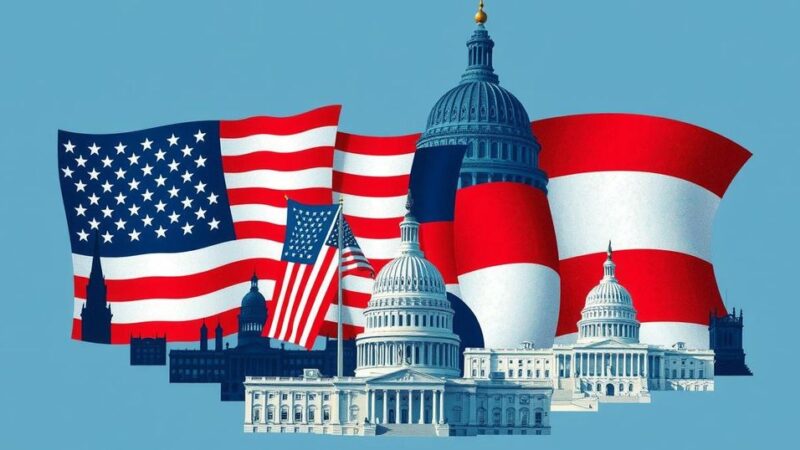 Символический коллаж, отражающий политические изменения в США с флагами и кабинетами.