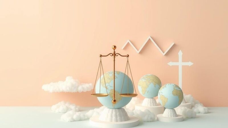 Глобальная экономика, облака, символы демократии в минималистском стиле, теплые пастельные тона