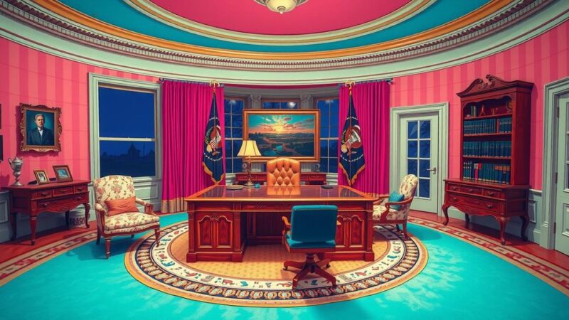 Кабинет Oval с письменным столом, яркие цвета, стиль искусства поп-арт, настроение напряженности.