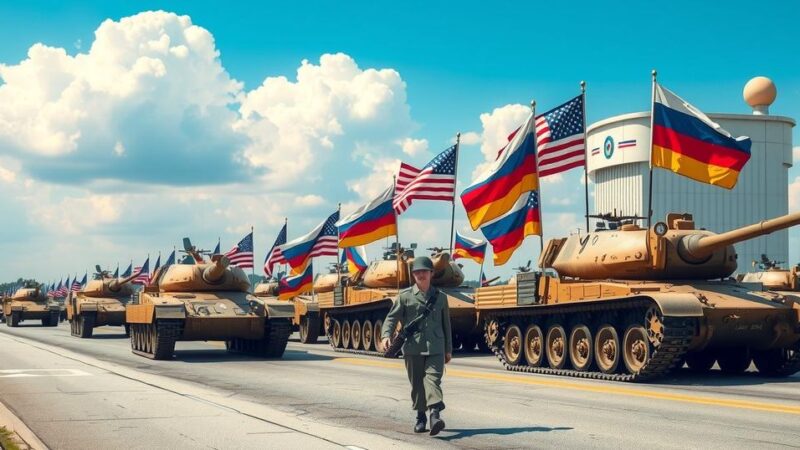 Военный парад с танками под ярким небом, символизирующий патриотизм и празднование военной истории.