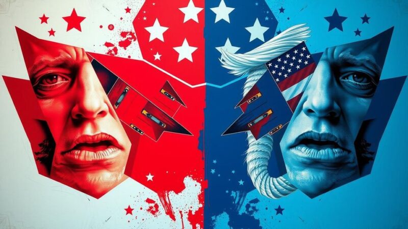 Визуализация политической напряженности в США, содержащая символы раскола и противостояния двух партий.