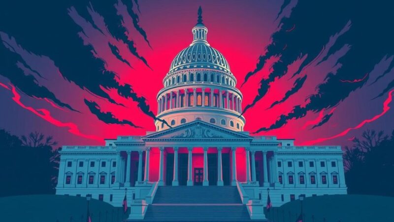Здание Конгресса США, символ политической борьбы, цвета синего и красного.