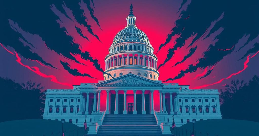 Здание Конгресса США, символ политической борьбы, цвета синего и красного.