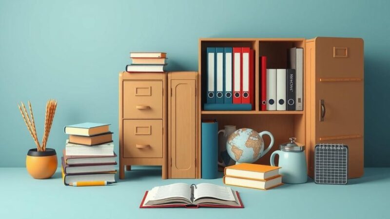 Образовательные приоритеты Трампа на втором сроке. Символы: книги, шкафы с документами, школьные принадлежности.