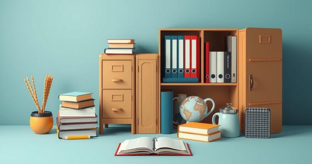 Образовательные приоритеты Трампа на втором сроке. Символы: книги, шкафы с документами, школьные принадлежности.